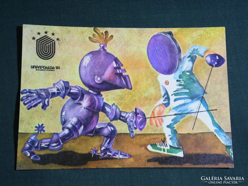 Postcard, romania bucuresti - universiada 1981, summer sports competition, graphic artist, fencing
