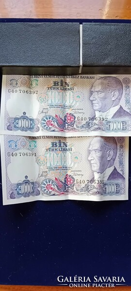 2 pieces of 1000 Turkish lira with consecutive numbers