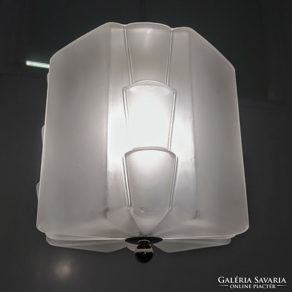 Art deco - Streamline réz mennyezeti lámpa felújítva - különleges formájú savmart üveg "kocka" búra