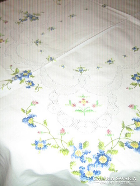 Beautiful Toledo blue floral tablecloth embroidered with small cross stitches