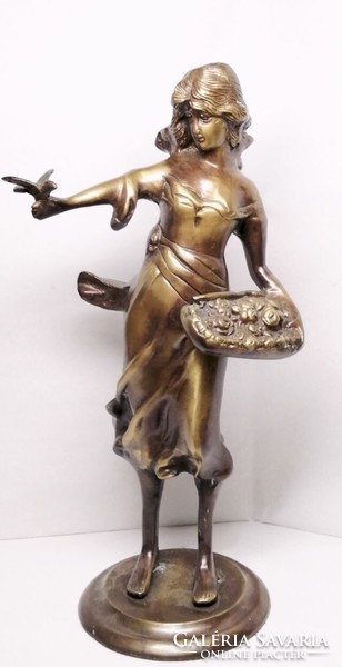 Girl selling roses with a bird, full-length bronze statue, from France