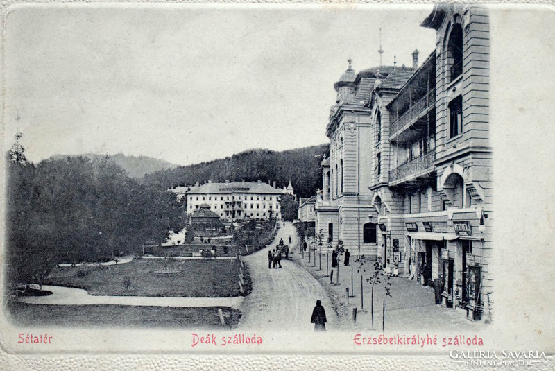 Bártfafürdő - promenade, Deák Hotel, Queen Elizabeth Hotel - photo postcard around 1900