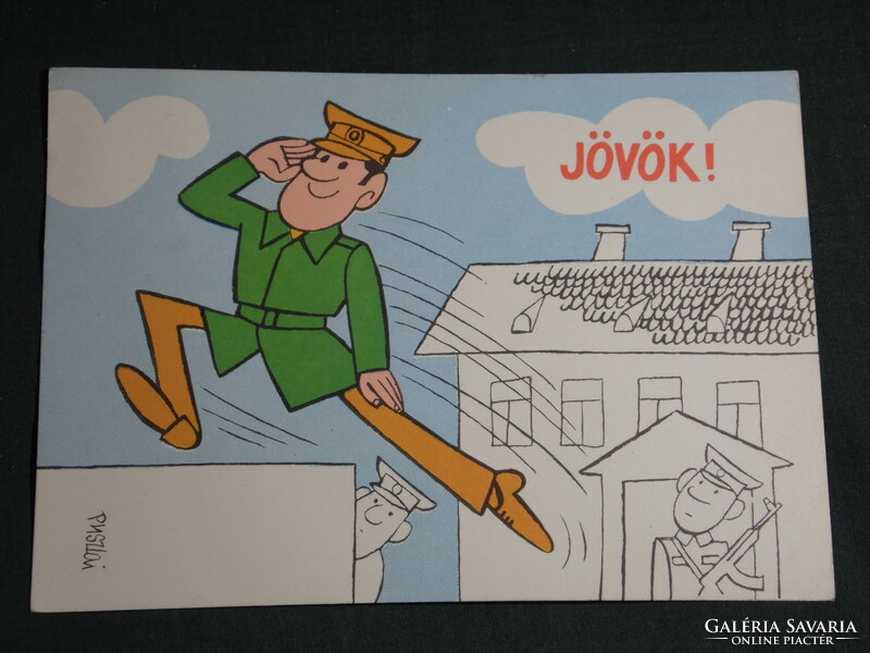 Postcard, canteen card, Púztai pál graphic cartoonist, humorous, I'm coming home, military service in Debrecen