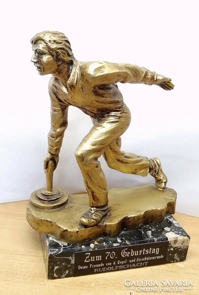 Bowling and körling relic from Germany 1970, polyresin statue on a marble plinth