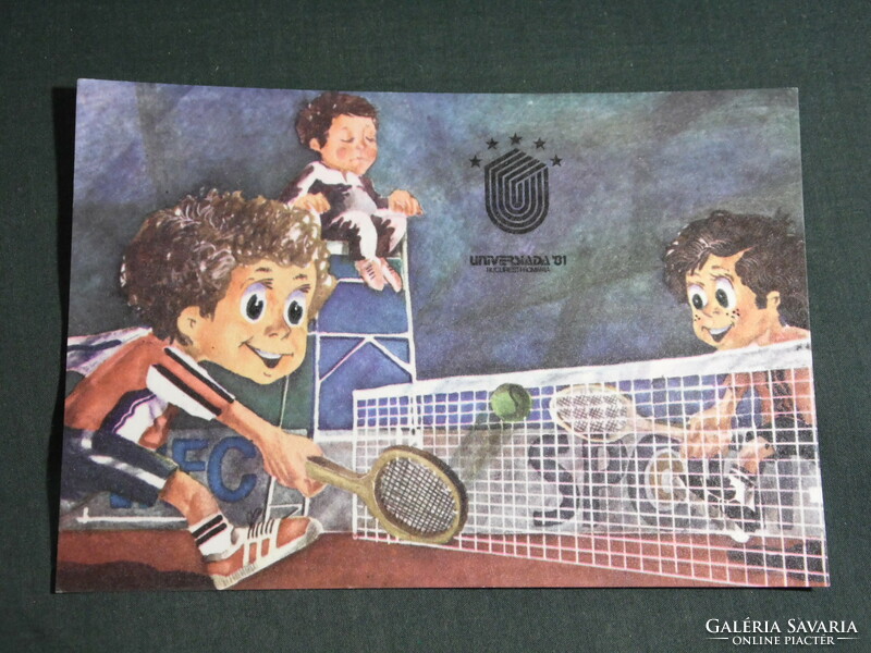 Képeslap,Postcard,Romania Bucuresti - Universiada 1981,nyári sportverseny,grafikai rajzos, tenisz
