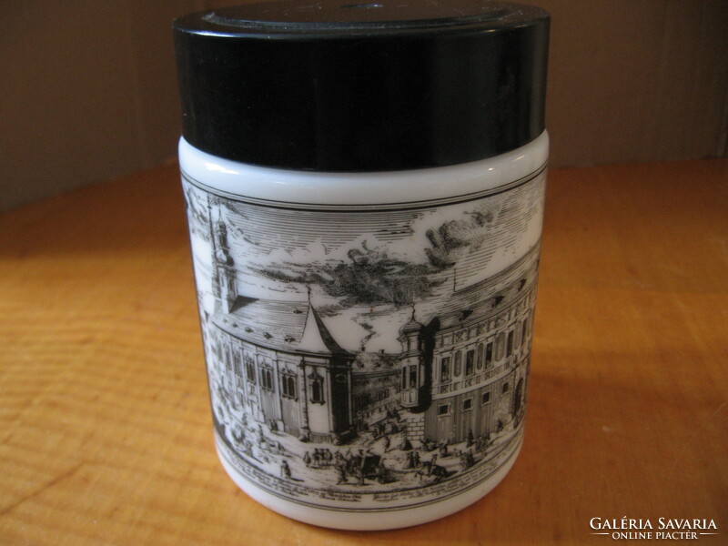 Retro milk glass screw-top holder, jar, box with a medieval city engraving pattern