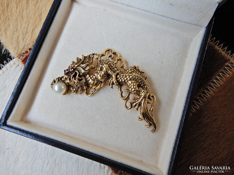 Old kai yin lo gold plated silver dragon brooch pendant with ruby eyes and akoya pearl