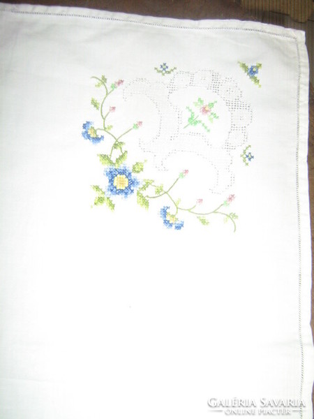 Beautiful Toledo blue floral tablecloth embroidered with small cross stitches
