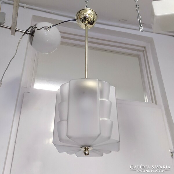 Art deco - streamlined copper ceiling lamp renovated - specially shaped acid-etched glass 
