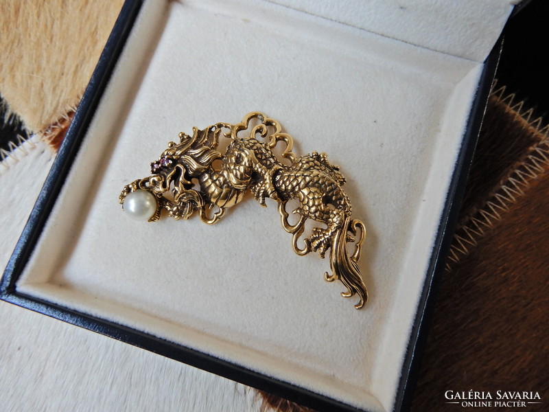 Old kai yin lo gold plated silver dragon brooch pendant with ruby eyes and akoya pearl