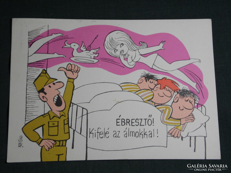 Postcard, canteen card, Púztai pál graphic artist, humorous, wake-up call, military service in Debrecen