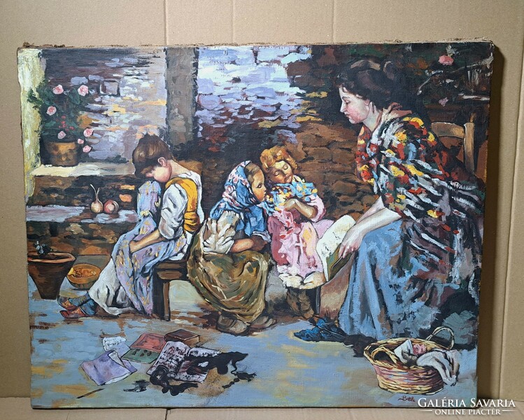 Italian still life with children (oil, canvas) signed - bottala mark