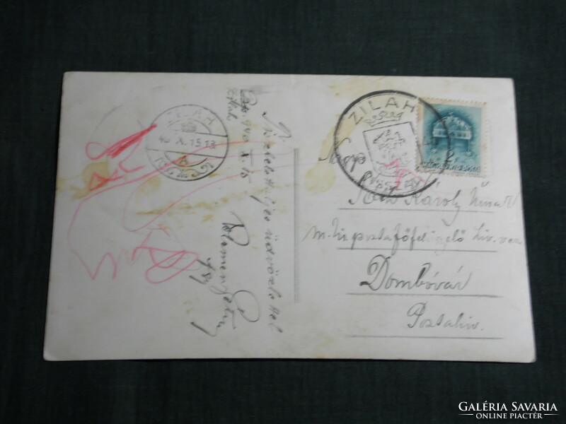 Postcard, zilah returned with transylvania stamp, main square, shop row, vigadó