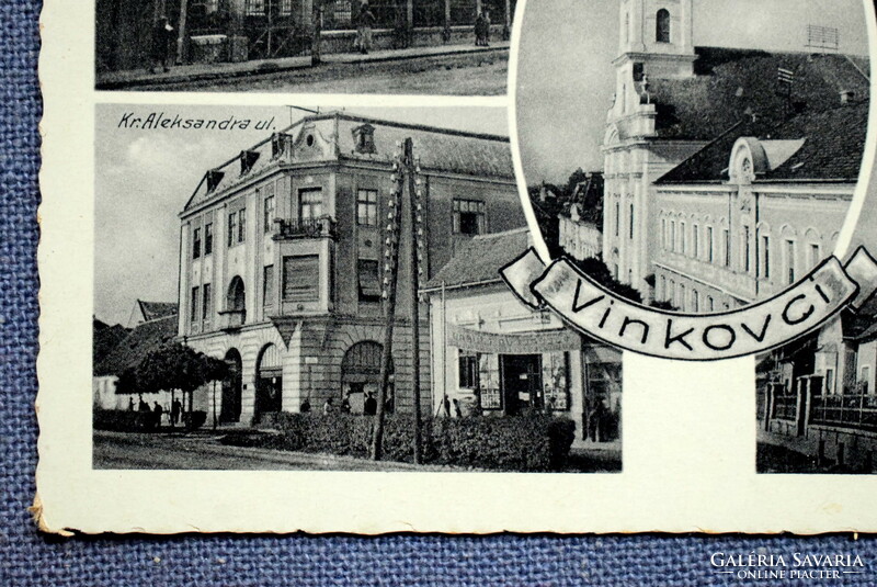 Vinkovci (Croatian) - mosaic photo postcard - school, street, church, shop 19??