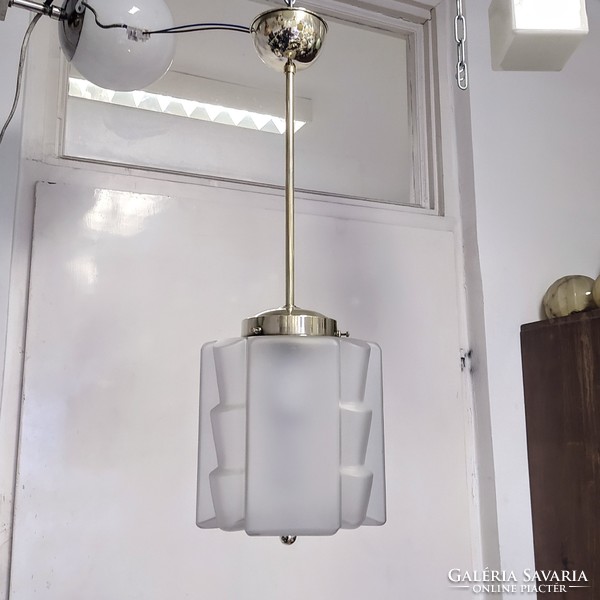 Art deco - streamlined copper ceiling lamp renovated - specially shaped acid-etched glass 