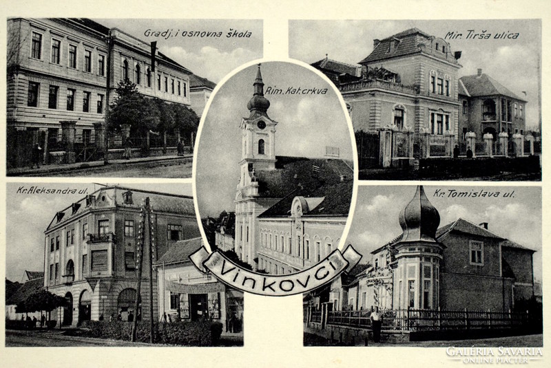 Vinkovci (Croatian) - mosaic photo postcard - school, street, church, shop 19??