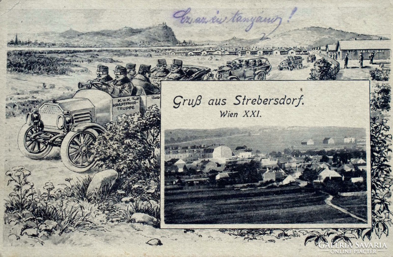 Strebersdorf - katonai mozaik lap - KuK Kraftfahrtruppe -  Monarchia - üdv a kaszárnyából 1918
