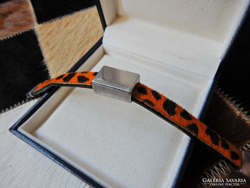 Régi design ILARIO olasz leopárd mintás bőr karkötő ezüst szerelékkel