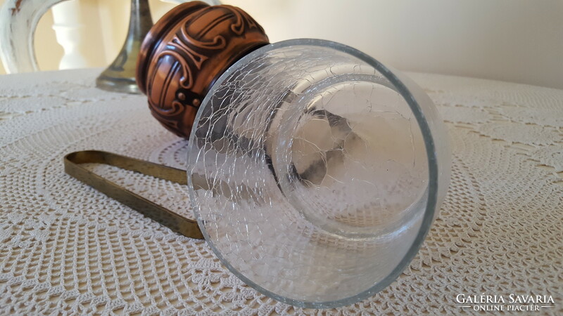 Red copper ice cube holder, with glass insert, brass ice pick