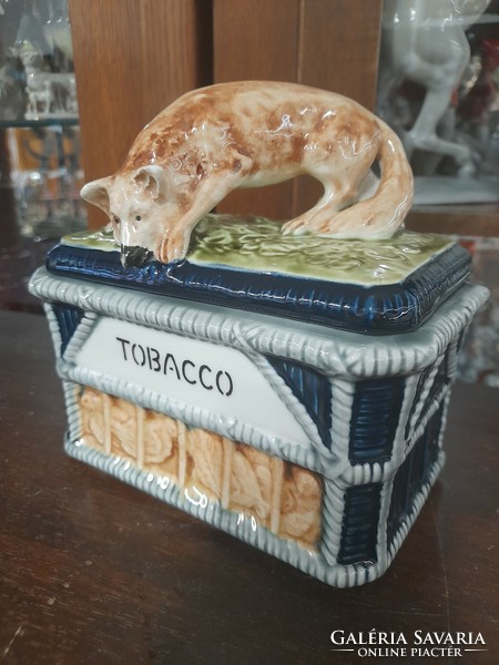 Old glazed ceramic majolica hunter, fox tobacco box with lid.