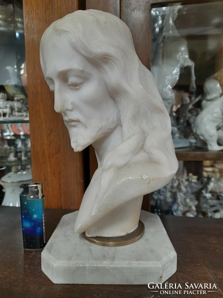 On an old marble plinth, alabaster Jesus bust, bust statue. 25.5 Cm.