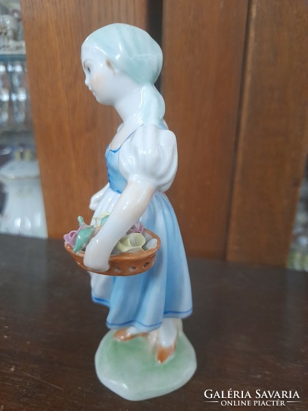 Herend hand-painted girl with flower basket. 15 Cm.