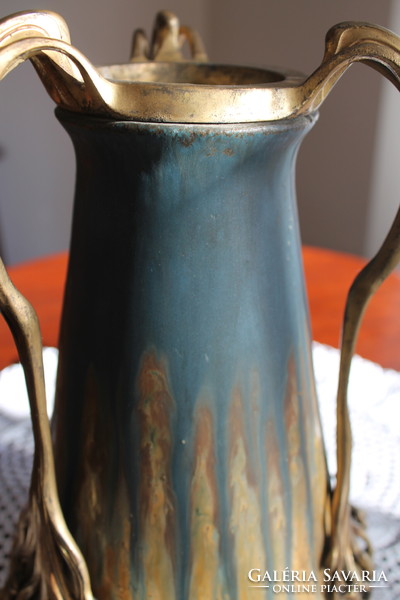 Art Nouveau vase by Zsolnay with fire-gilded metal appliqué