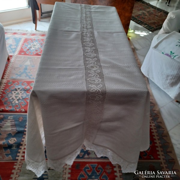 Antique handmade linen tablecloth, tablecloth with lace insert and lace border. Large size.