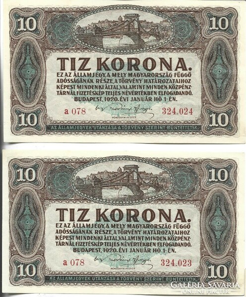 2 x 10 korona 1920 sorszámkövető pár aUNC.
