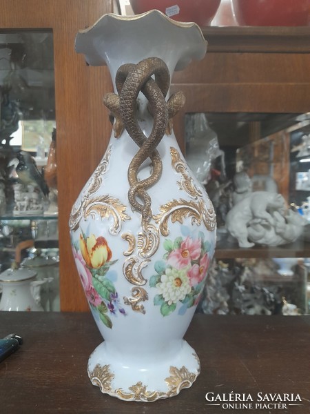 Alt wien austria fischer & mieg pirkenhammer 1853-1873, hand painted, floral, snake vase. 35.5 Cm.