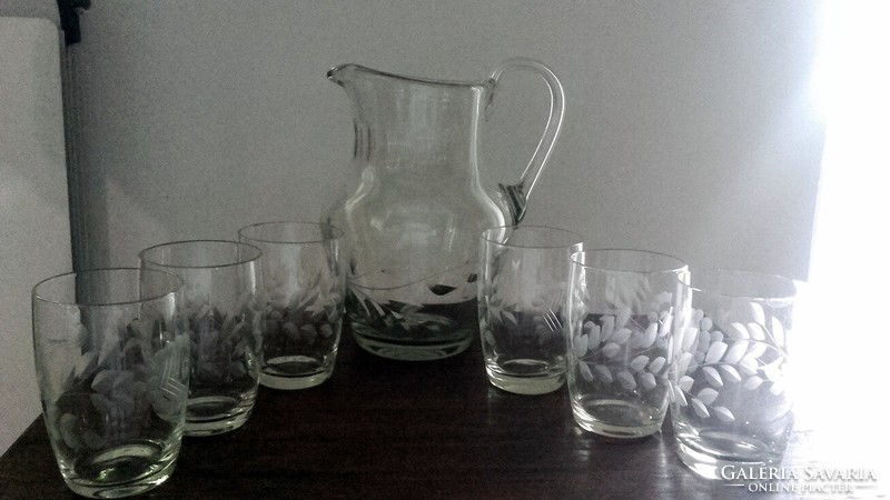 Vintage etched glass water glass set + water pitcher - art&decoration