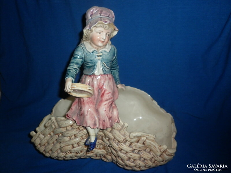 Antique majolica little girl figurine offering