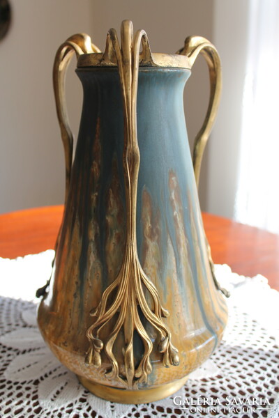 Art Nouveau vase by Zsolnay with fire-gilded metal appliqué