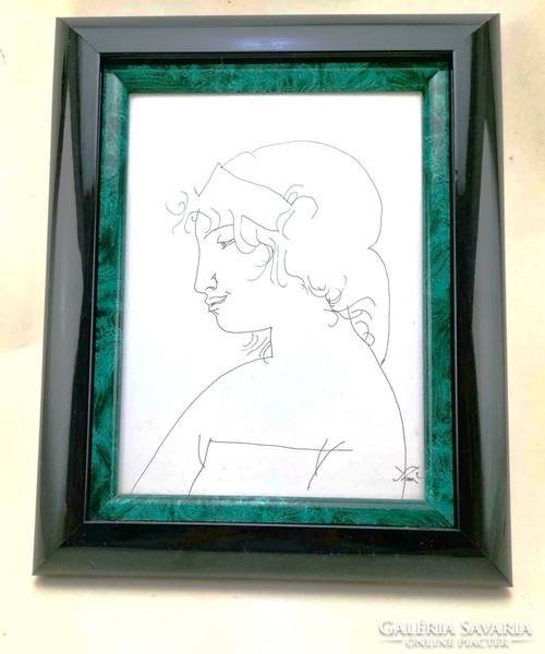 Ink drawing of Endre Saxon. In marked frame