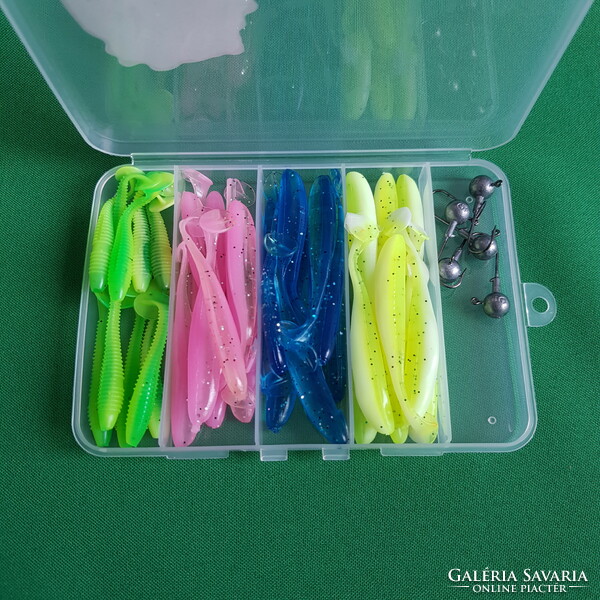 New, 45-piece fishing bait set in a box - rubber fish, hook - 20.