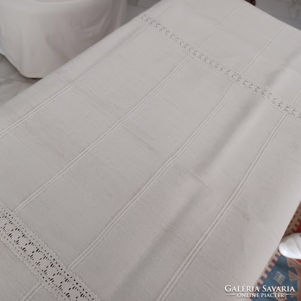Antique Transylvanian home-woven hemp cloth tablecloth with lace inserts and lace border. Large size.
