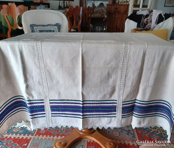 Antique Transylvanian home-woven hemp cloth tablecloth with lace inserts and lace border. Large size.