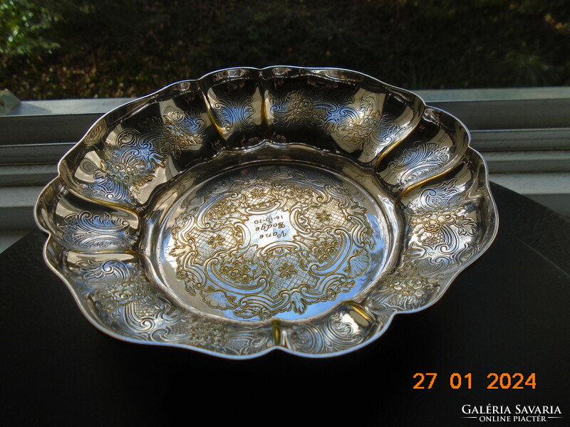 Engraved, silver-plated, laced, ribbed Barker Ellis English bowl
