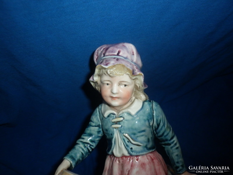Antique majolica little girl figurine offering