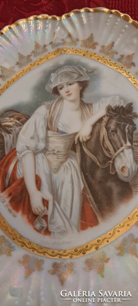 Antique art nouveau lady's plate, rare porcelain wall plate (l4466)
