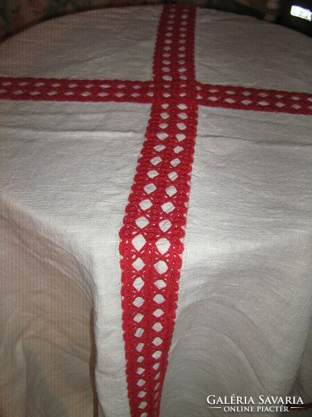 Woven tablecloth decorated with beautiful antique white red crochet lace