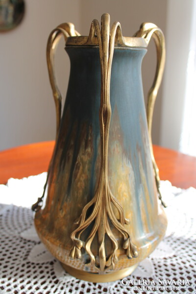 Art Nouveau vase by Zsolnay with fire-gilded metal appliqué