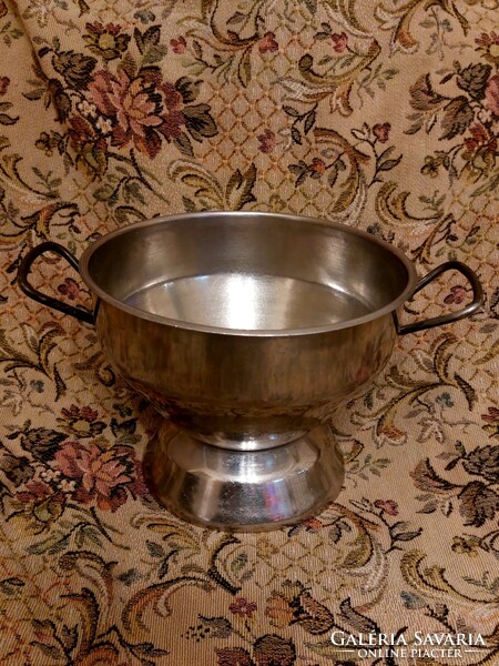 Old stainless serving tray. Wine bottle cooler filled with ice. Marked.