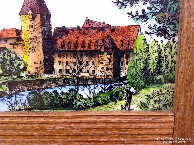 Mural painted on a ceramic board with doubles, Nuremberg skyline, rustic decoration