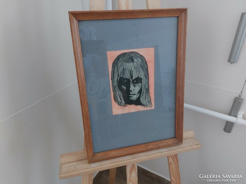 (K) Tusrajz, grafika szürreális női portré 34x46 cm kerettel