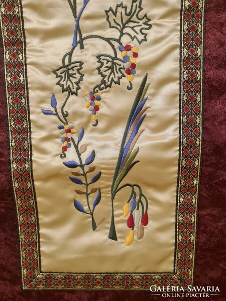 Embroidered silk and velvet Israeli tapestry with the 7 holy biblical plants