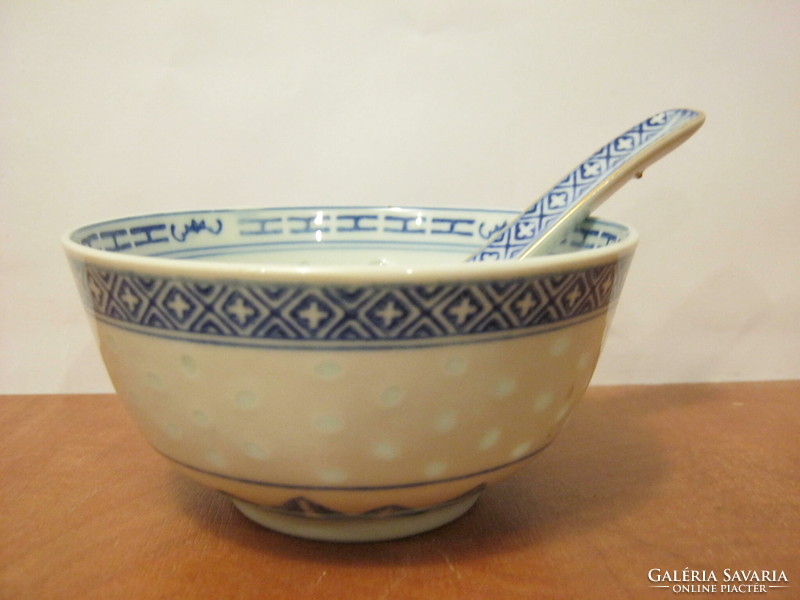 Kínai porcelán átlátszó rizsszem mintás tál rizses tál és hozzá porcelán kanál