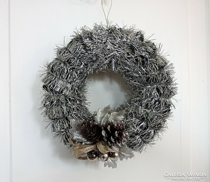 Régi ezüst színű drótos girland és gablonz díszítésű koszorú ajtódísz 21cm karácsonyi dekoráció