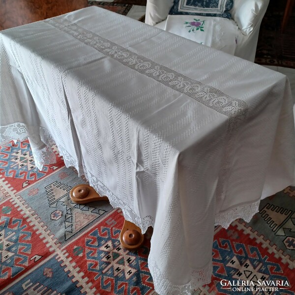 Antique handmade linen tablecloth, tablecloth with lace insert and lace border. Large size.