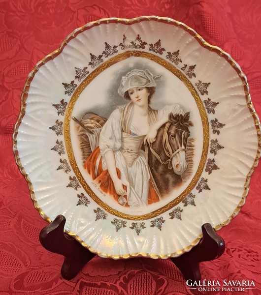 Antique art nouveau lady's plate, rare porcelain wall plate (l4466)